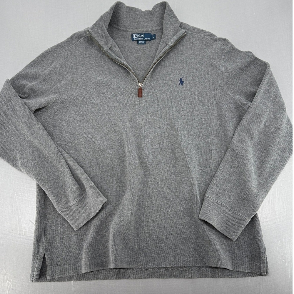 Polo Ralph Lauren Mens Large Gray Cotton Quarter Zip Pullover Sweater Pony Logo